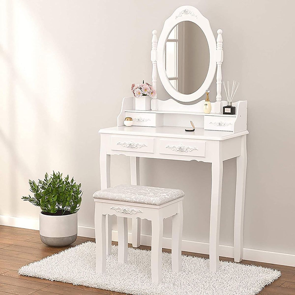 4-Drawer Vanity Dressing Table Set with Oval Mirror & Stool – Jasmine White