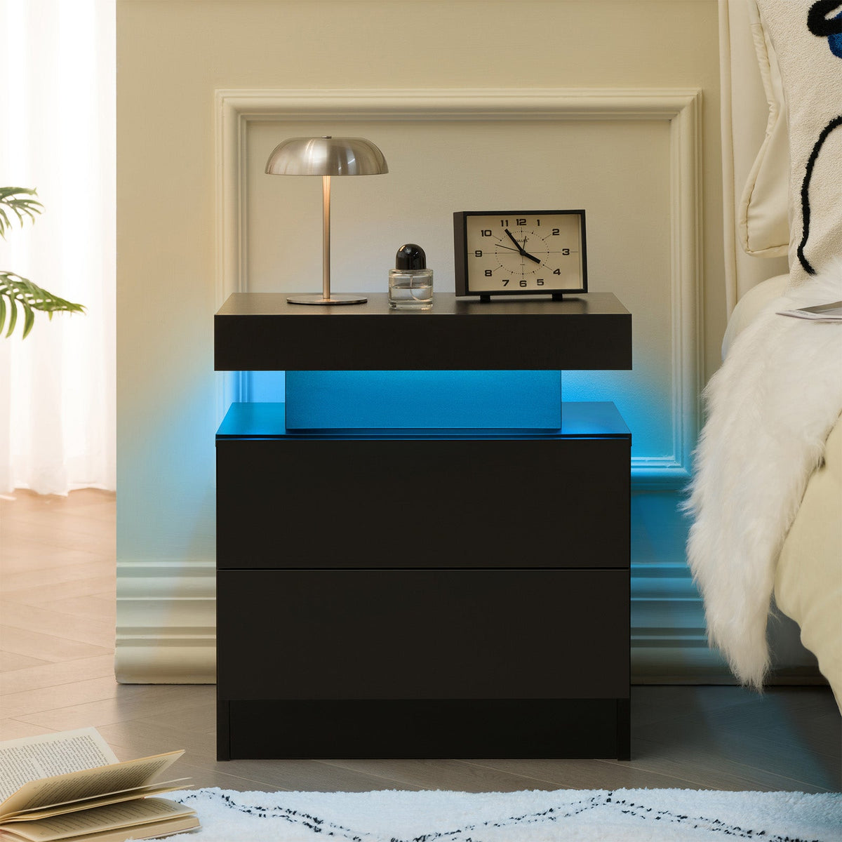 Modern LED Nightstand with 2 Drawers – Black