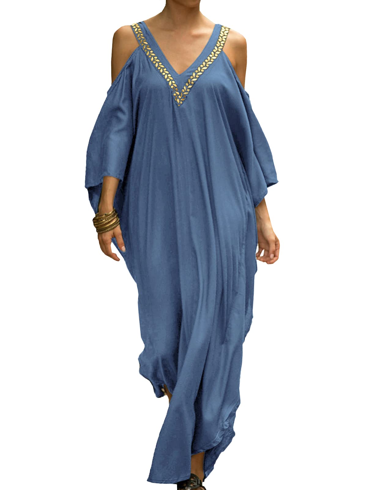 Chunoy Women Casual Cut Off Shoulder Embroidery V Neck Beach Wear Kaftan Beach Wear Maxi Dresses Blue