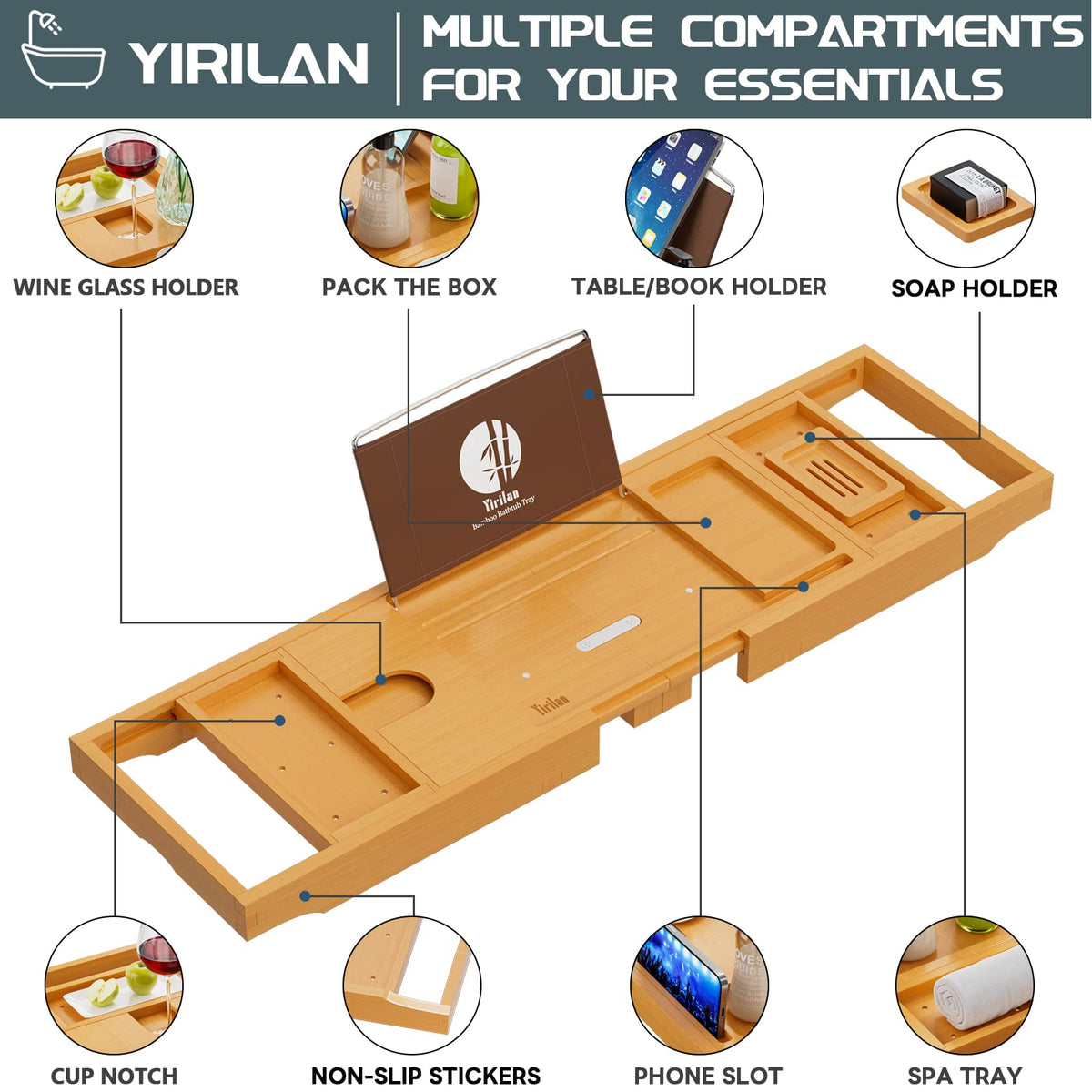 Expandable Bamboo Bathtub Caddy Tray