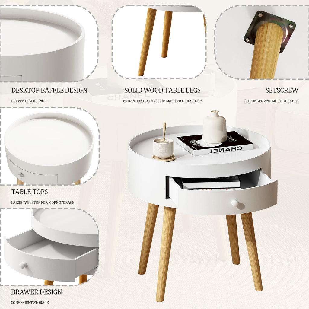 Round Nightstand with Storage Drawer – White