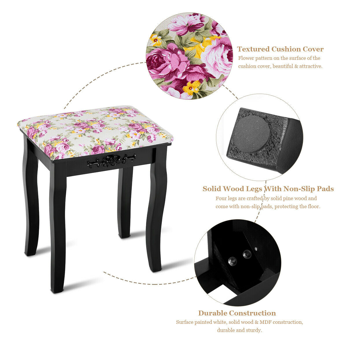 Vanity Stool – Floral Upholstered, Color Options