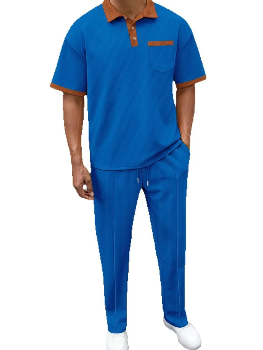 Men’s Waffle-Knit Contrast Polo & Pants Set