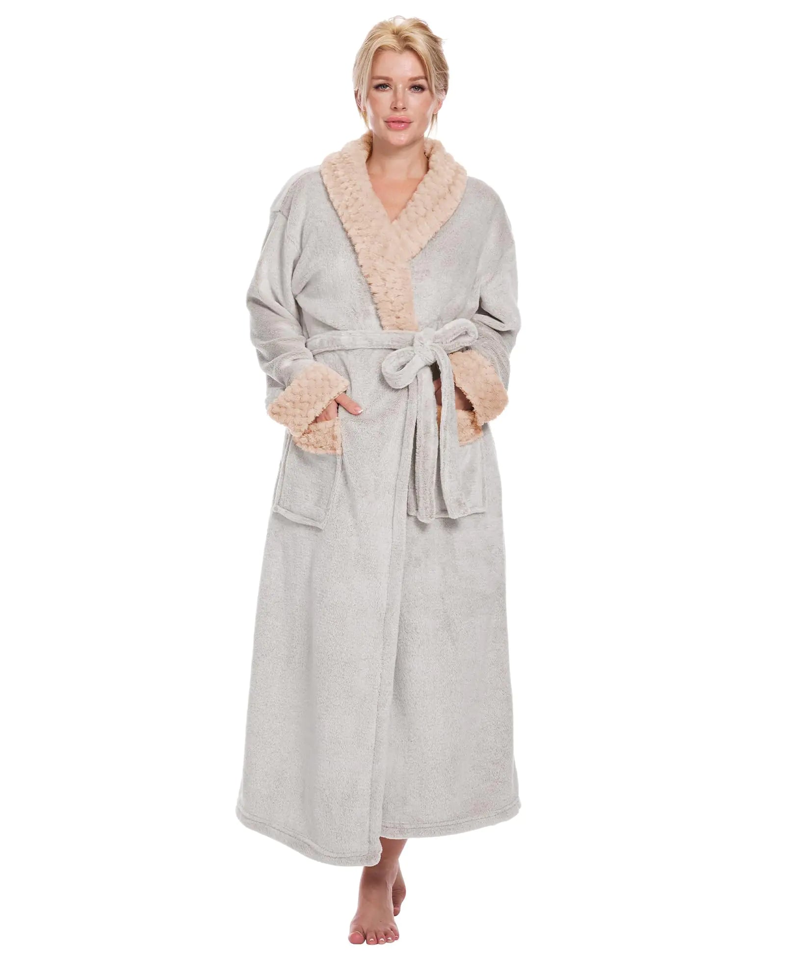 Women’s Fleece Shawl Collar Bathrobe – Istylish (Beige, Large)