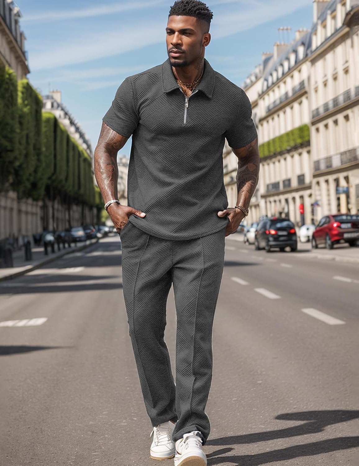 Men’s Textured Quarter-Zip Polo & Jogger Set