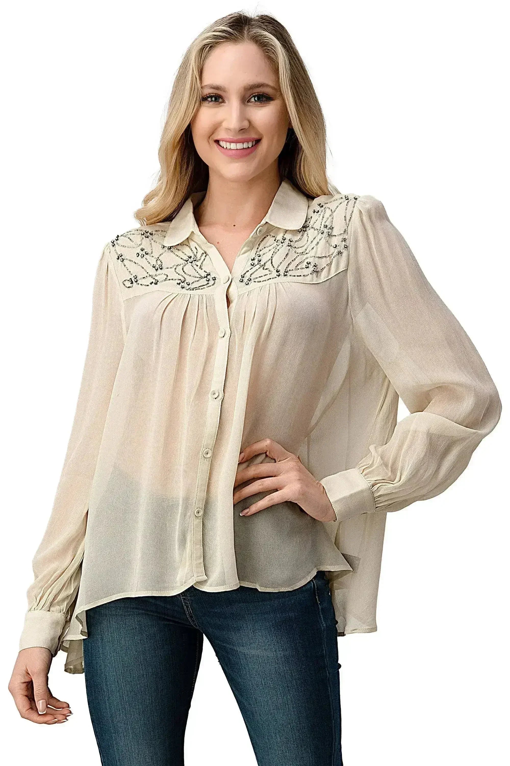 Embroidered Sheer Georgette Blouse with Beaded Trim