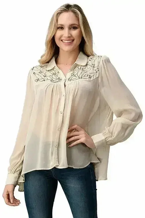 Embroidered Sheer Georgette Blouse with Beaded Trim