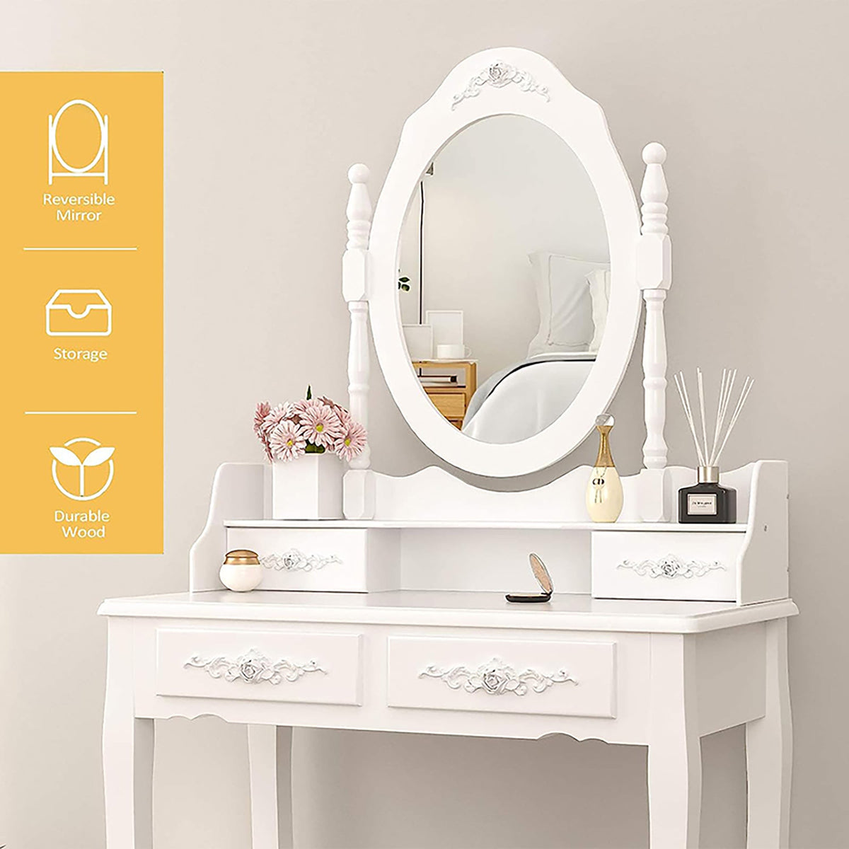 4-Drawer Vanity Dressing Table Set with Oval Mirror & Stool – Jasmine White