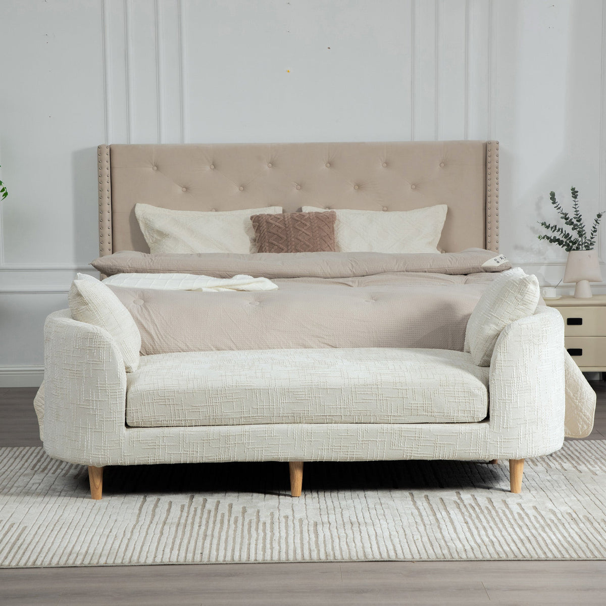 Modern Upholstered End-of-Bed Bench with Armrests – Ivory Chenille