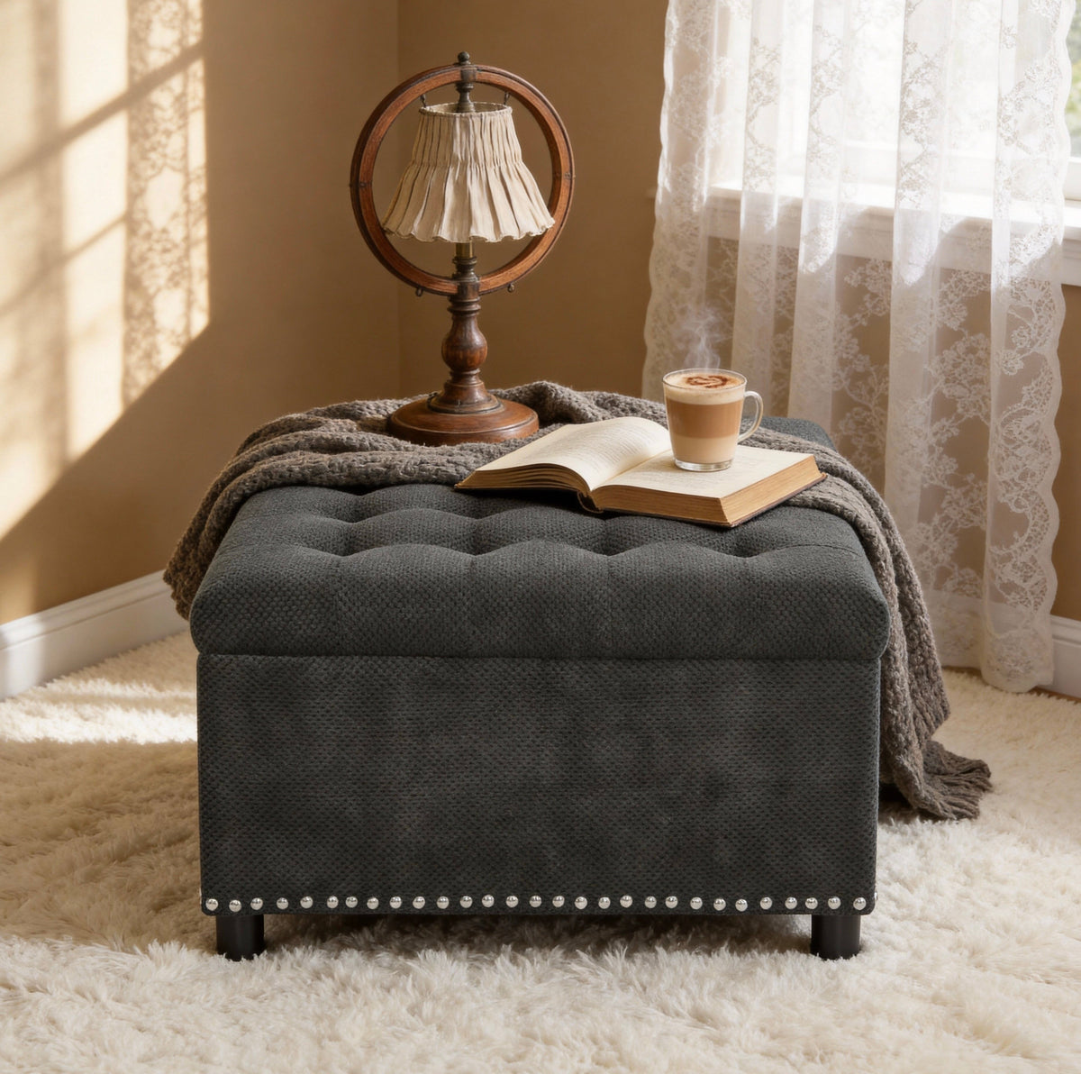 Tufted Storage Ottoman with Nailhead Trim – Dark Gray