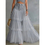 Women's Denim Waist Layered Mesh Maxi Skirt – A-Line Tulle Swing Skirt