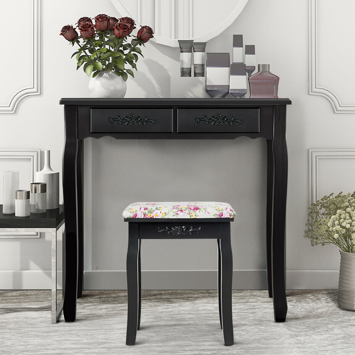 Vanity Stool – Floral Upholstered, Color Options