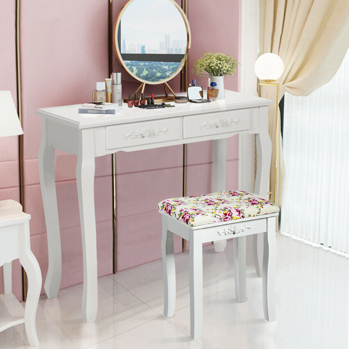 Vanity Stool – Floral Upholstered, Color Options