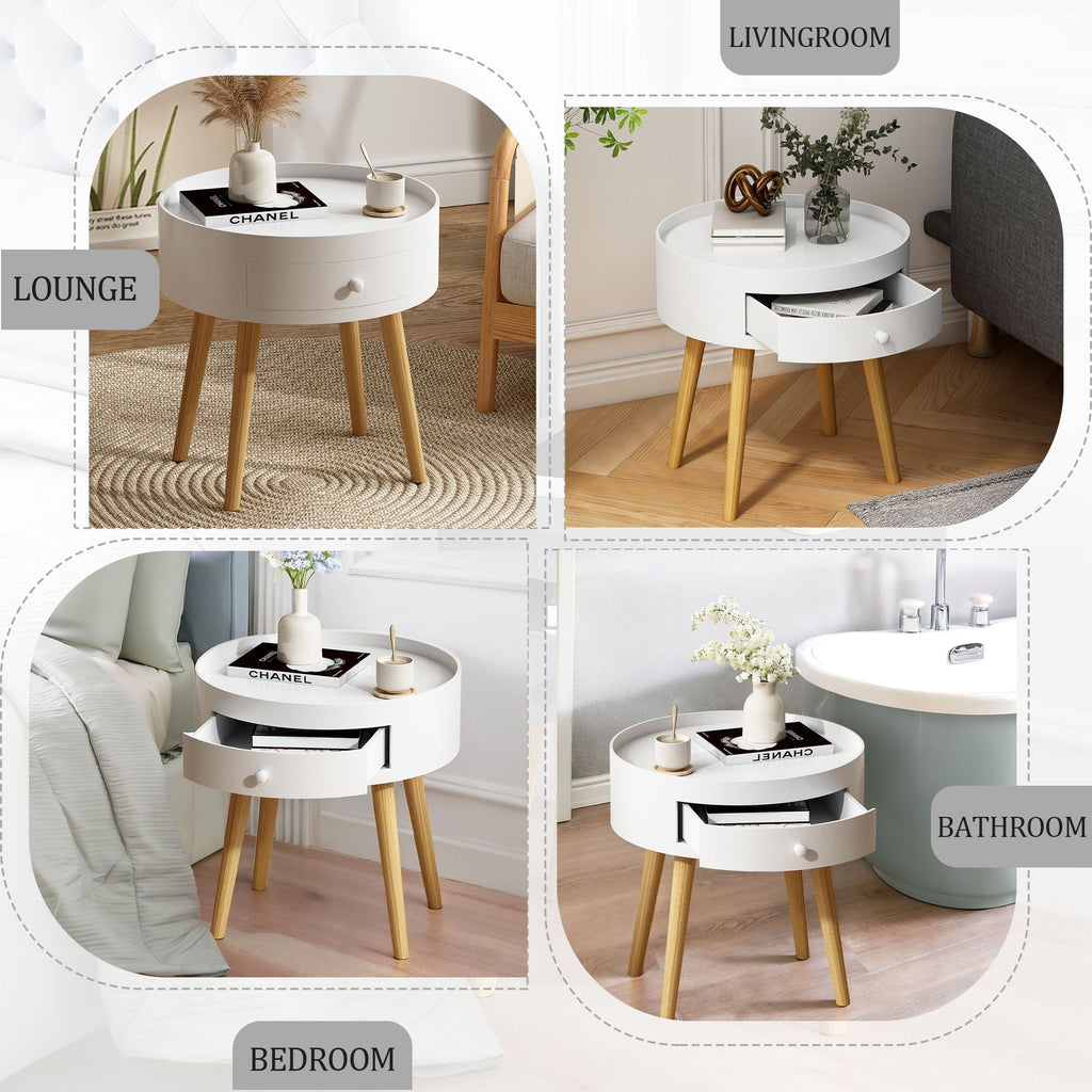 Round Nightstand with Storage Drawer – White