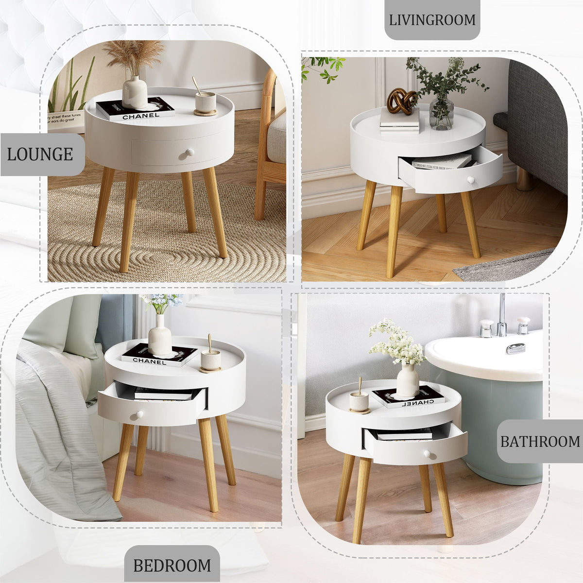 Round Nightstand with Storage Drawer – White