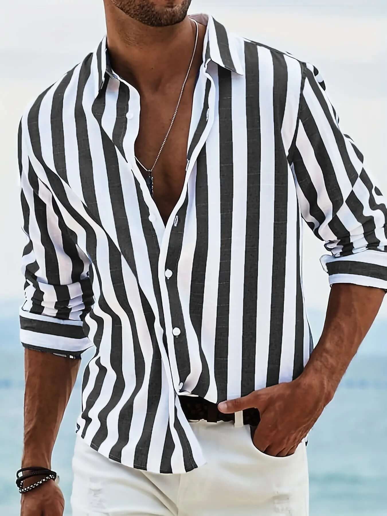 Men’s Striped Loose-Fit Long Sleeve Shirt