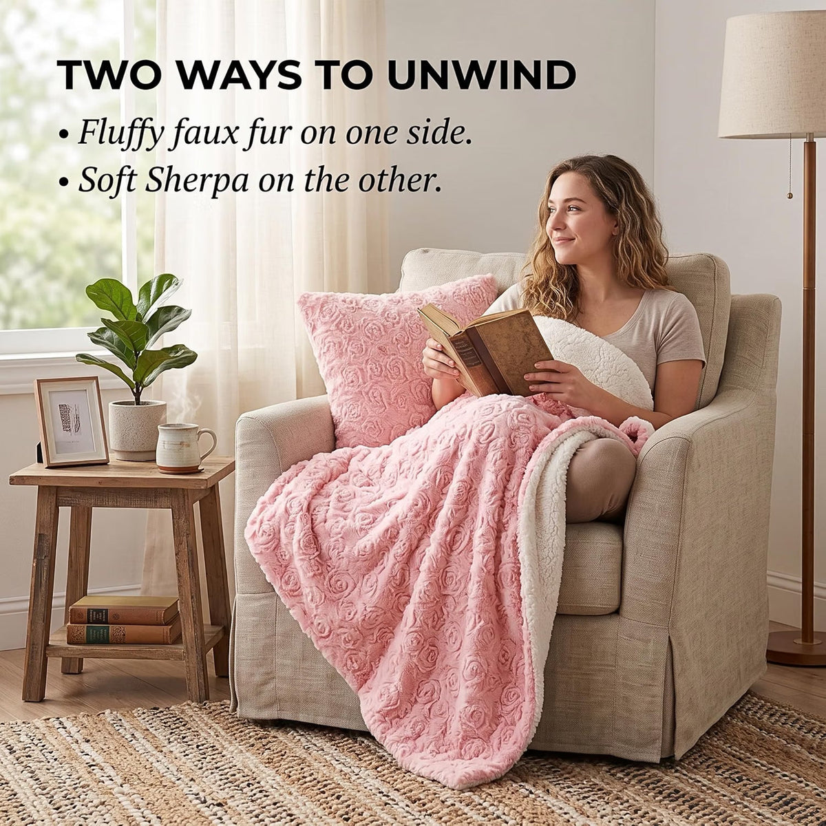 DaDa Bedding Pink Rose Bud Faux Fur Sherpa Blanket
