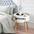 Round Nightstand with Storage Drawer – White