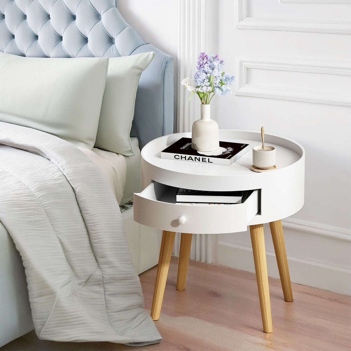 Round Nightstand with Storage Drawer – White