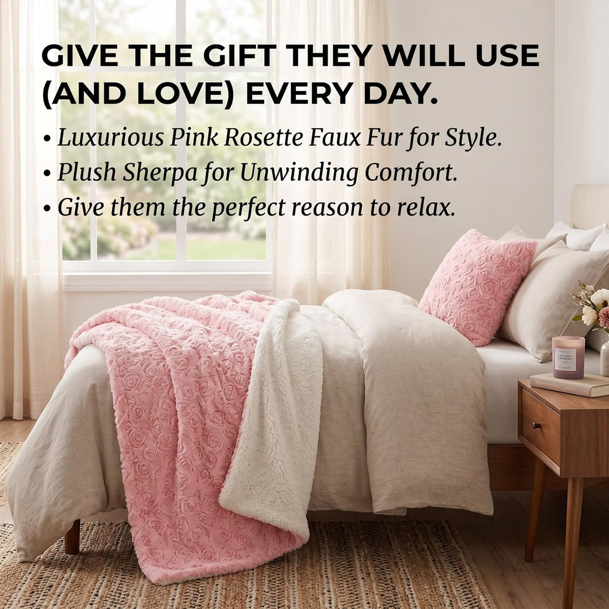 DaDa Bedding Pink Rose Bud Faux Fur Sherpa Blanket