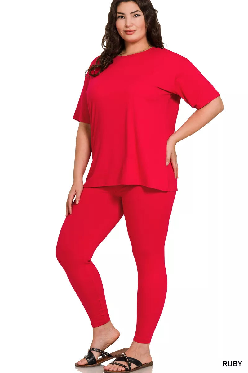Full Size Brushed Dty Microfiber Short Sleeve Top and Pants Loungewear Set Plus Size