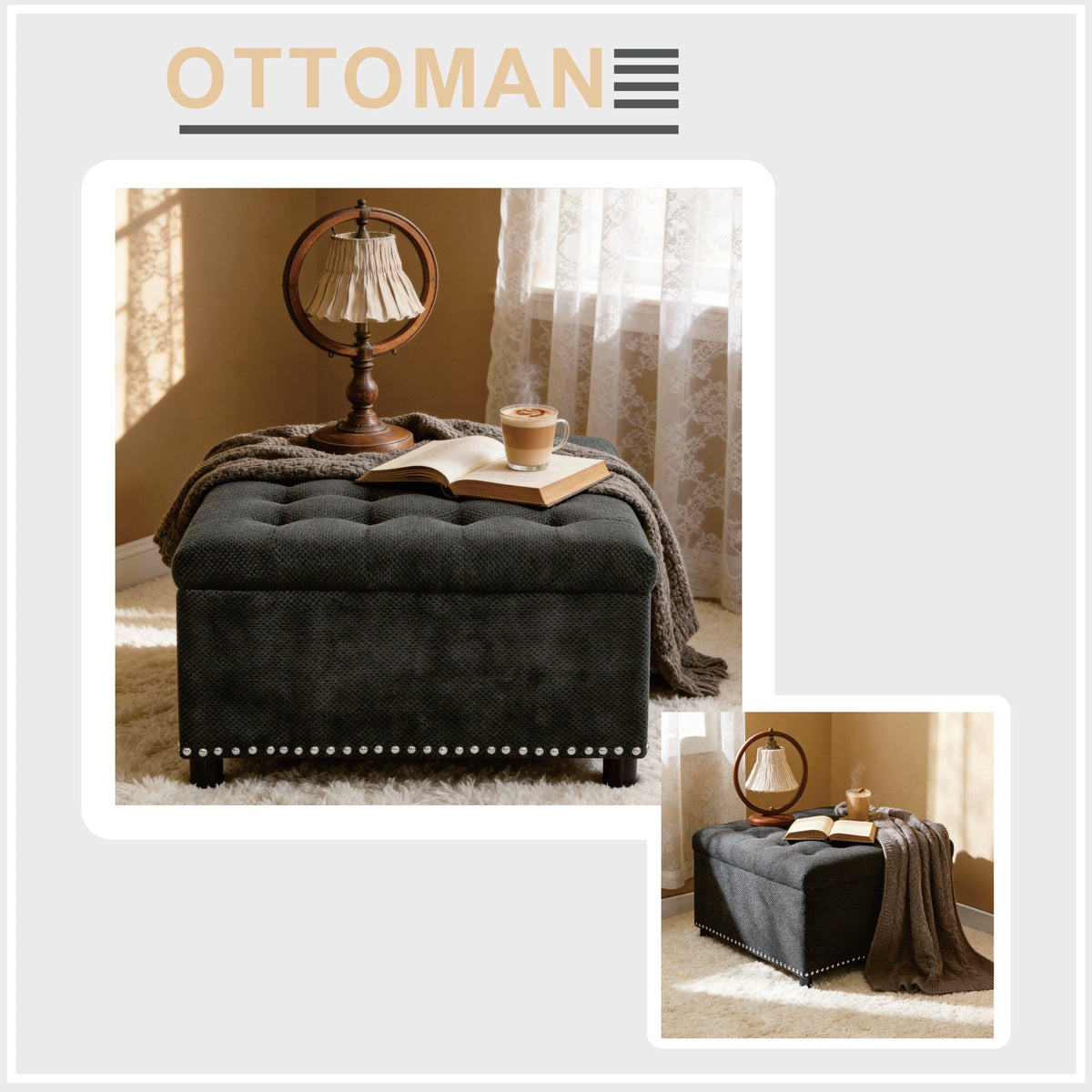 Tufted Storage Ottoman with Nailhead Trim – Dark Gray