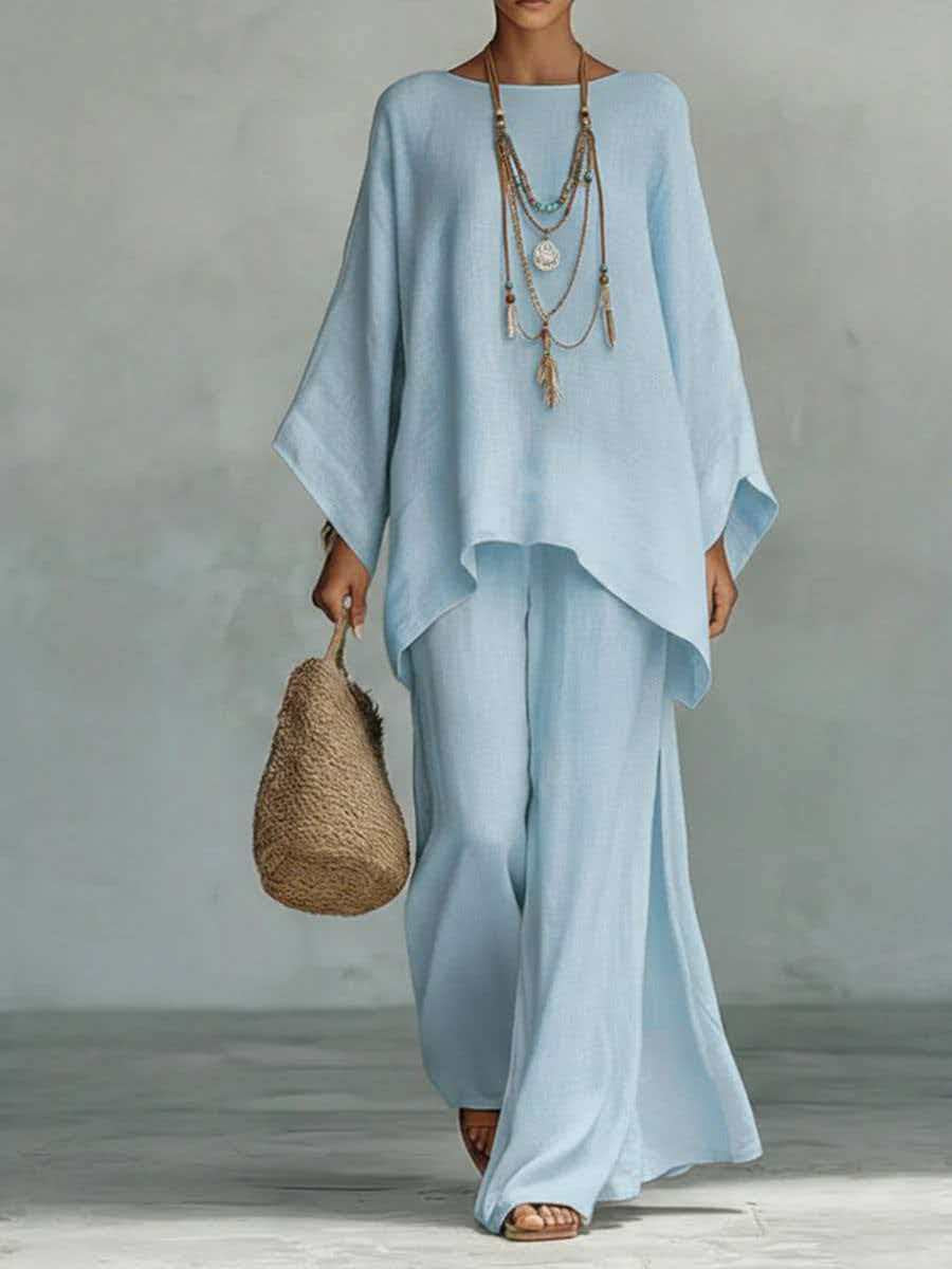 Minimalist Long-Sleeve Top & Wide-Leg Trousers Set