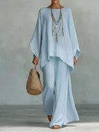 Minimalist Long-Sleeve Top & Wide-Leg Trousers Set