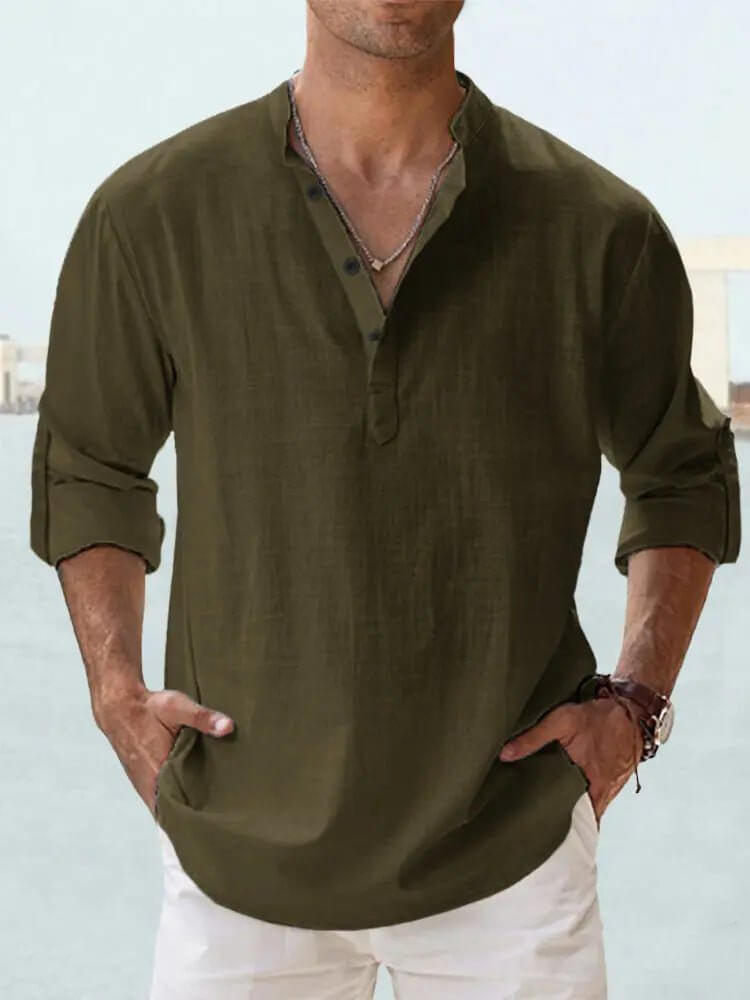 Men’s Cotton-Linen Loose Fit Long Sleeve Shirt
