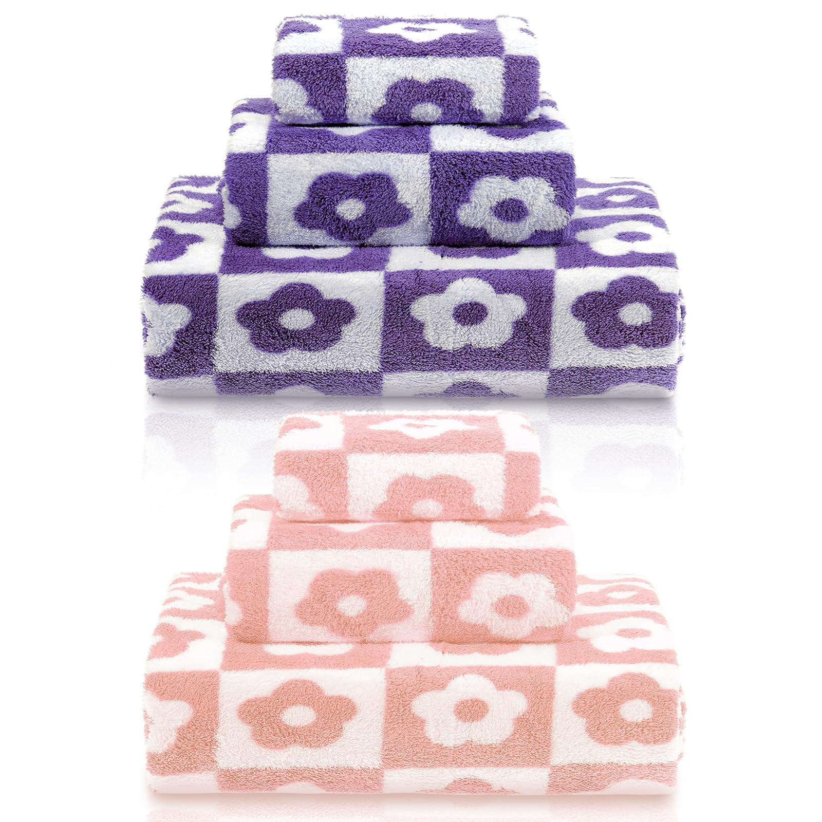 6-Piece Coral Fleece Towel Set – Kinlop (Pink Purple Floral)