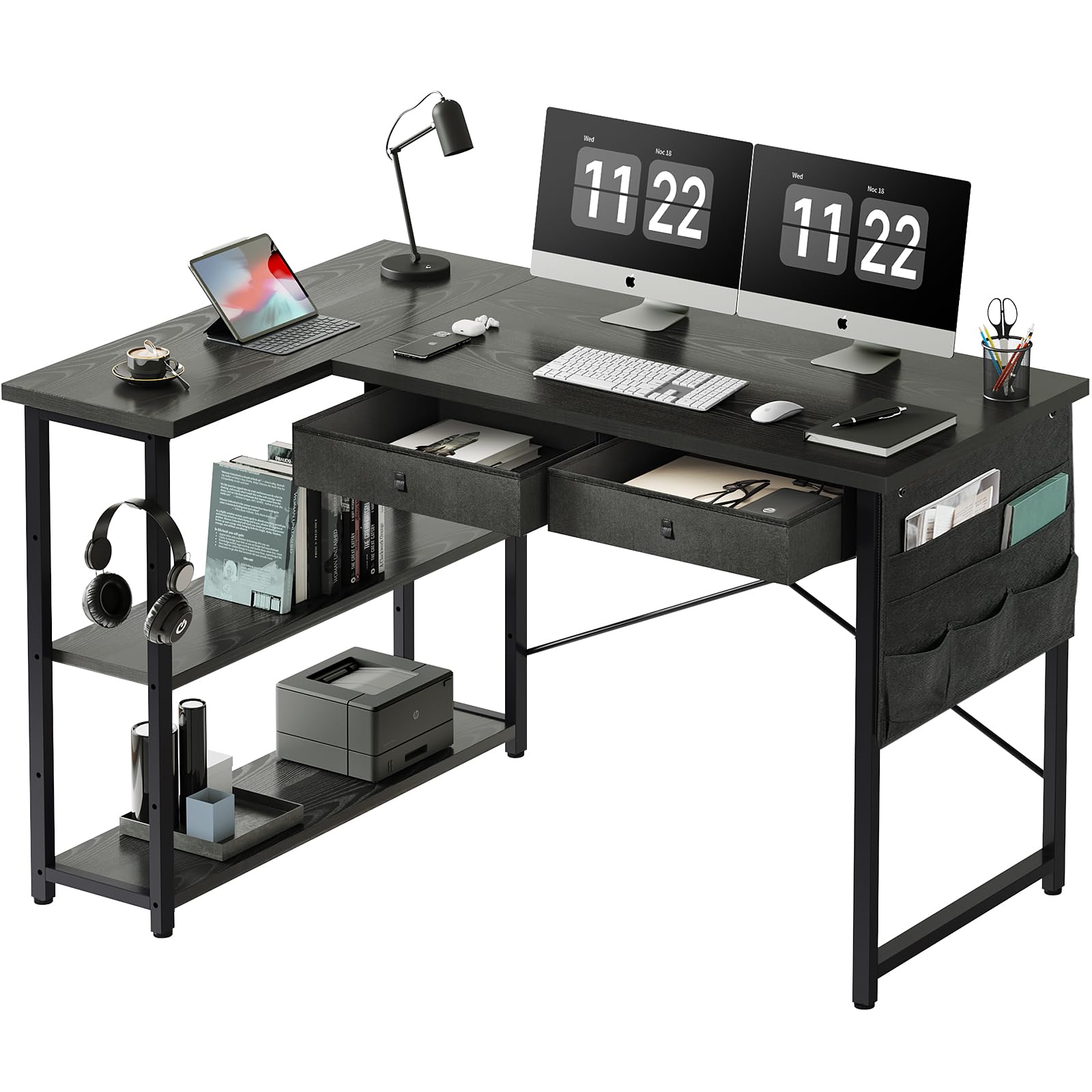 47" L-Shaped Corner Desk with Drawers & Shelves – Maihail (Black)
