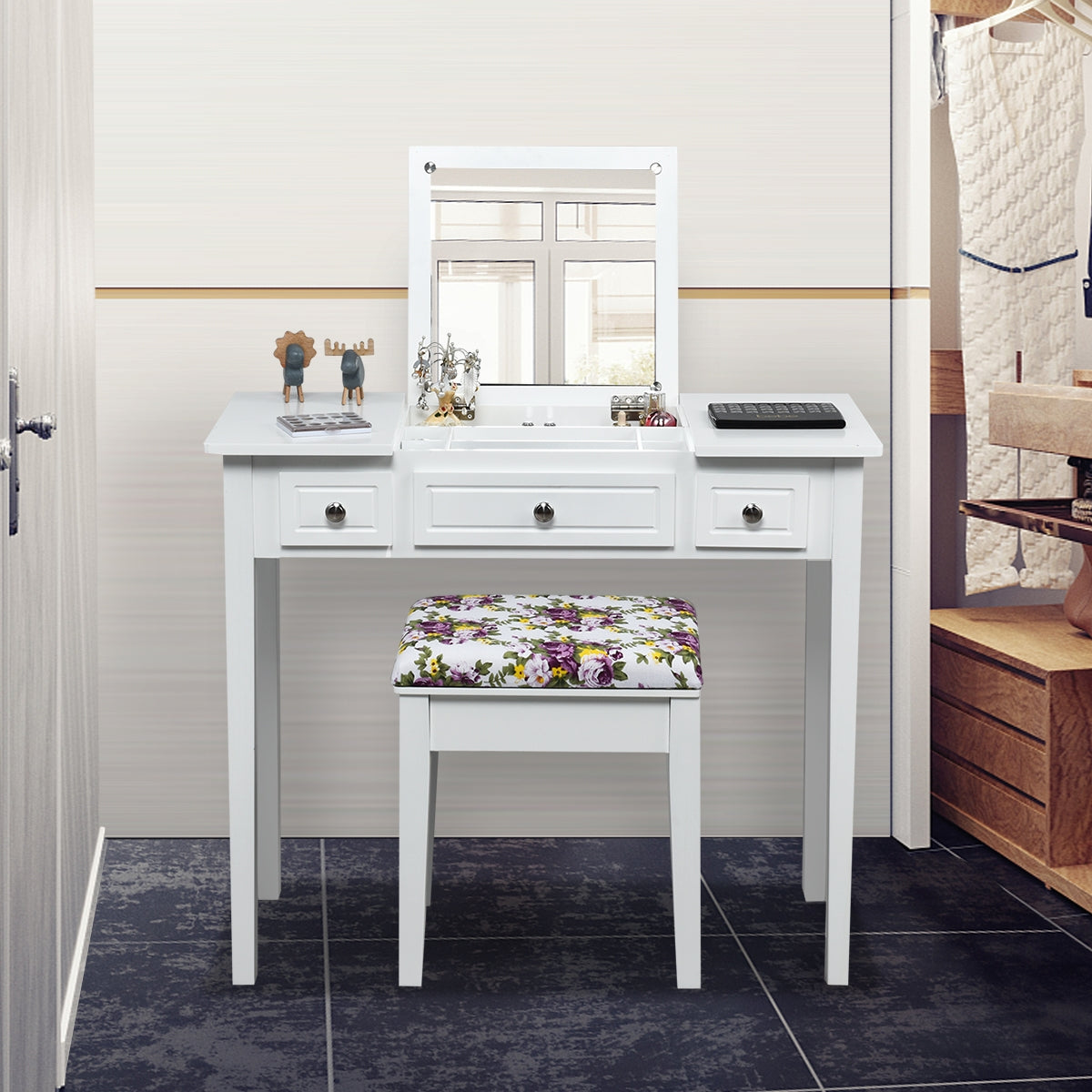 Flip-Top Vanity Dressing Table with Mirror, 3 Drawers & Stool