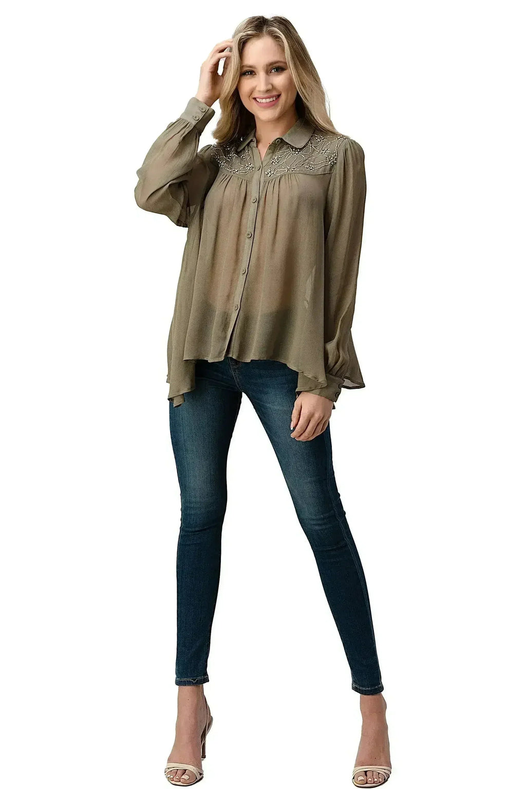 Embroidered Sheer Georgette Blouse with Beaded Trim