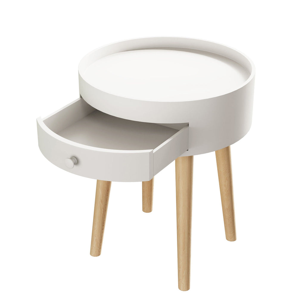 Round Nightstand with Storage Drawer – White