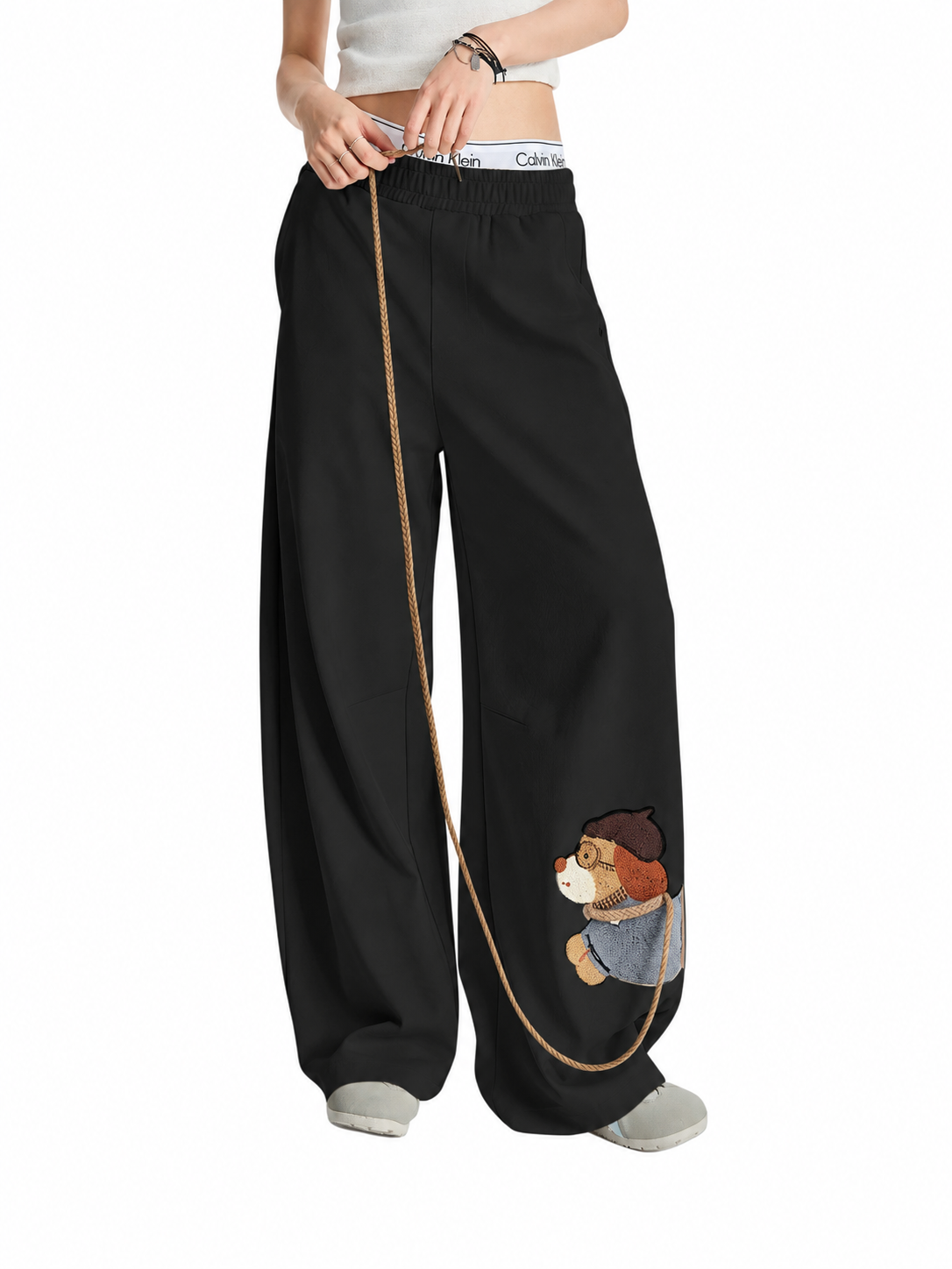 Women’s Puppy Embroidery Wide-Leg Pants