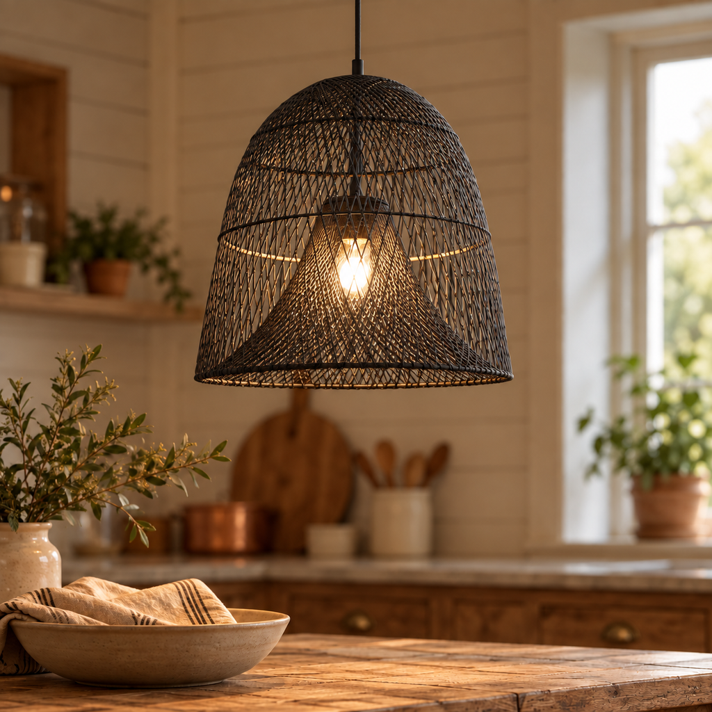 Handwoven Rattan Bell Pendant Light – Wabi-Sabi Style