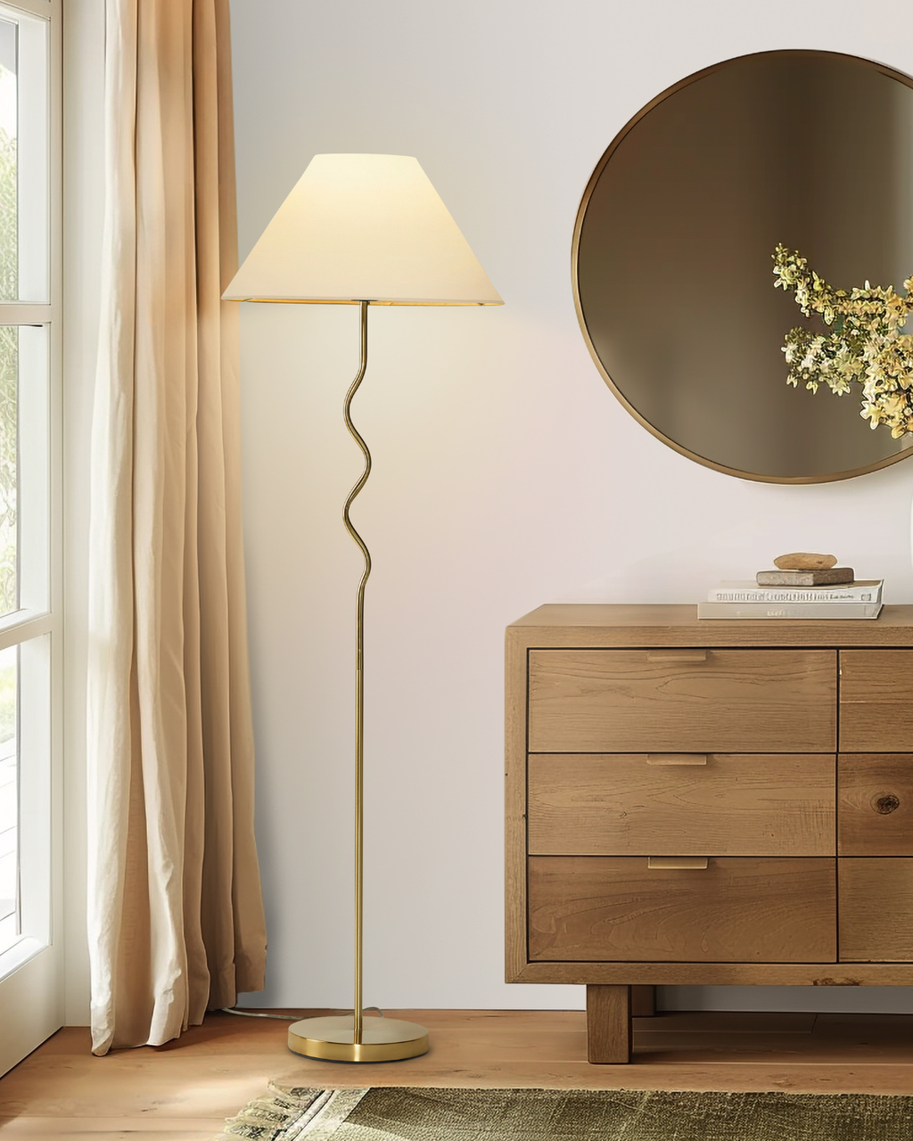 Curved Stem Floor Lamp with Fabric Shade – Color Options