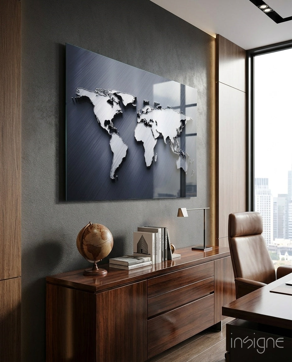 Silver World Map Glass Wall Art – Size Options