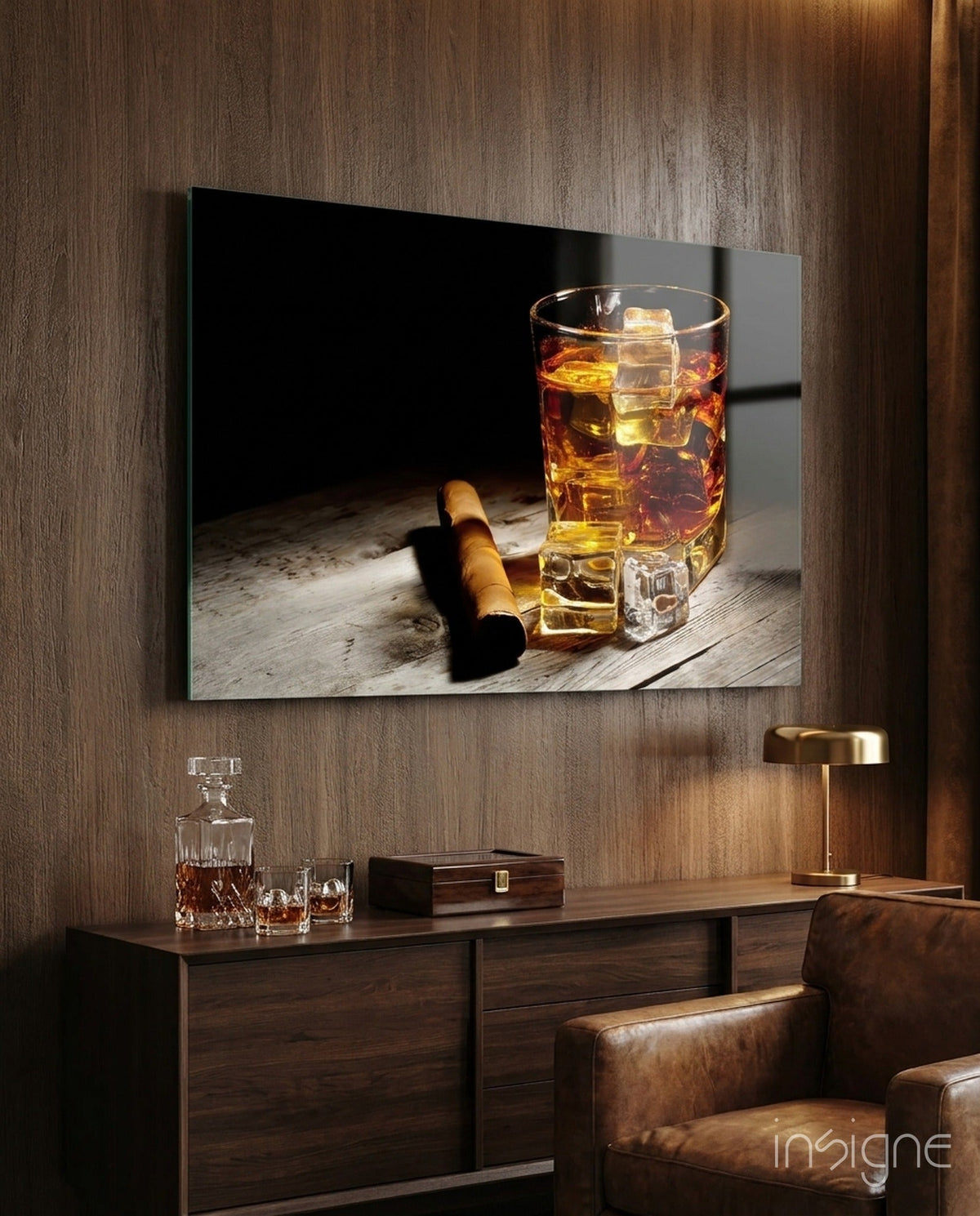 Whiskey Glass with Ice & Cigar Glass Wall Art – Size Options