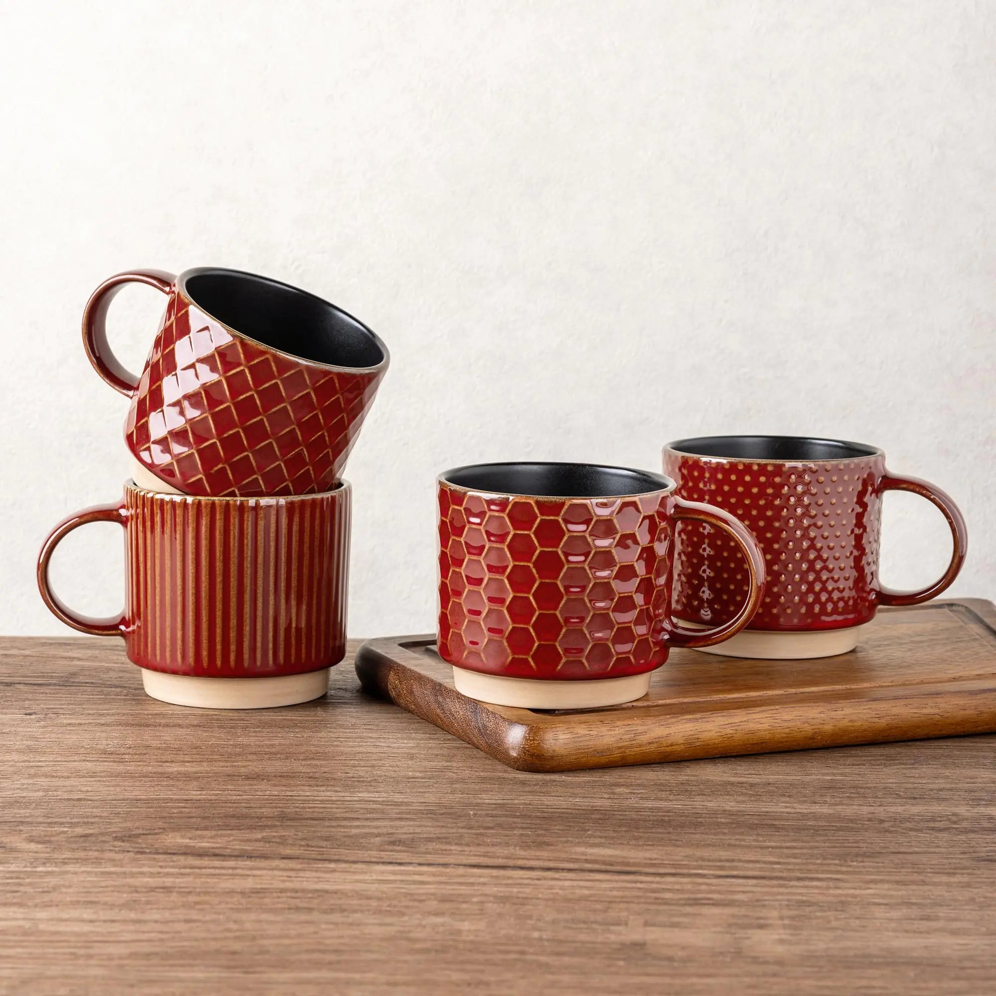 4-Piece Stackable Ceramic Coffee Mug Set – GBHOME (12 oz, Red)