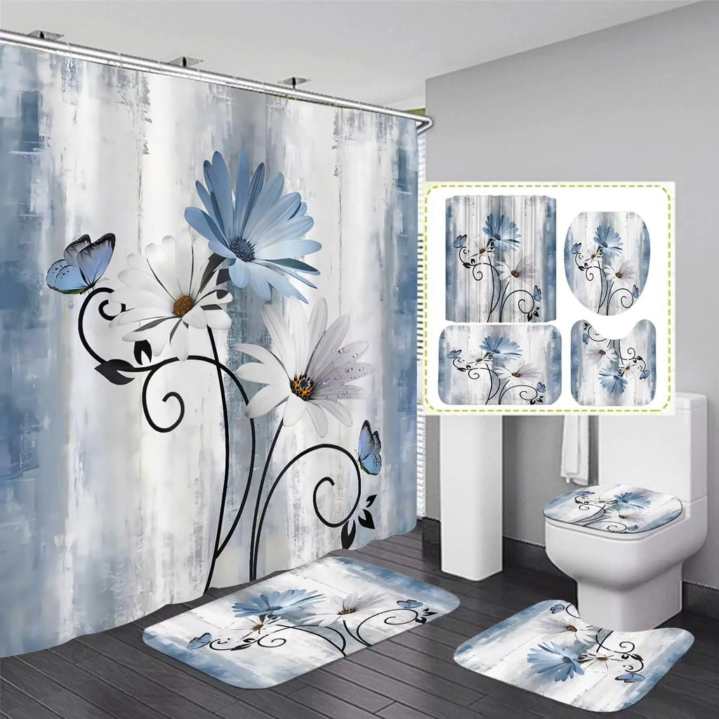 4-Piece Blue Daisy Floral Shower Curtain & Rug Set – AZHM (Hooks Included)