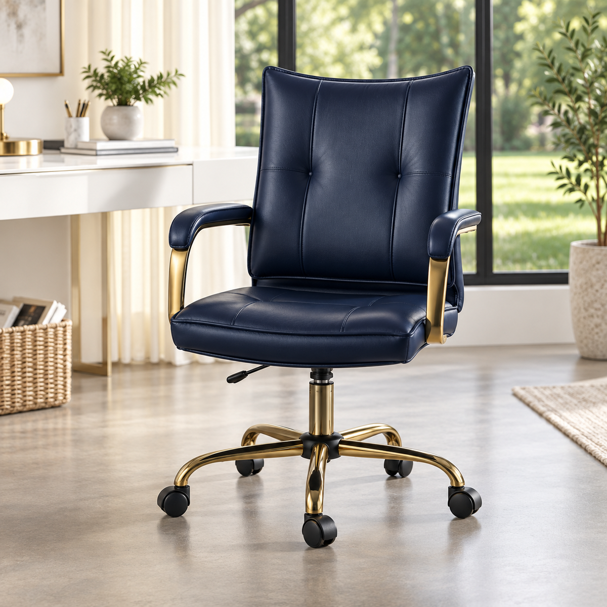 Hulala Home Faux Leather Swivel Office Chair – Navy & Gold