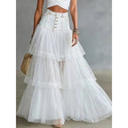 Women's Denim Waist Layered Mesh Maxi Skirt – A-Line Tulle Swing Skirt