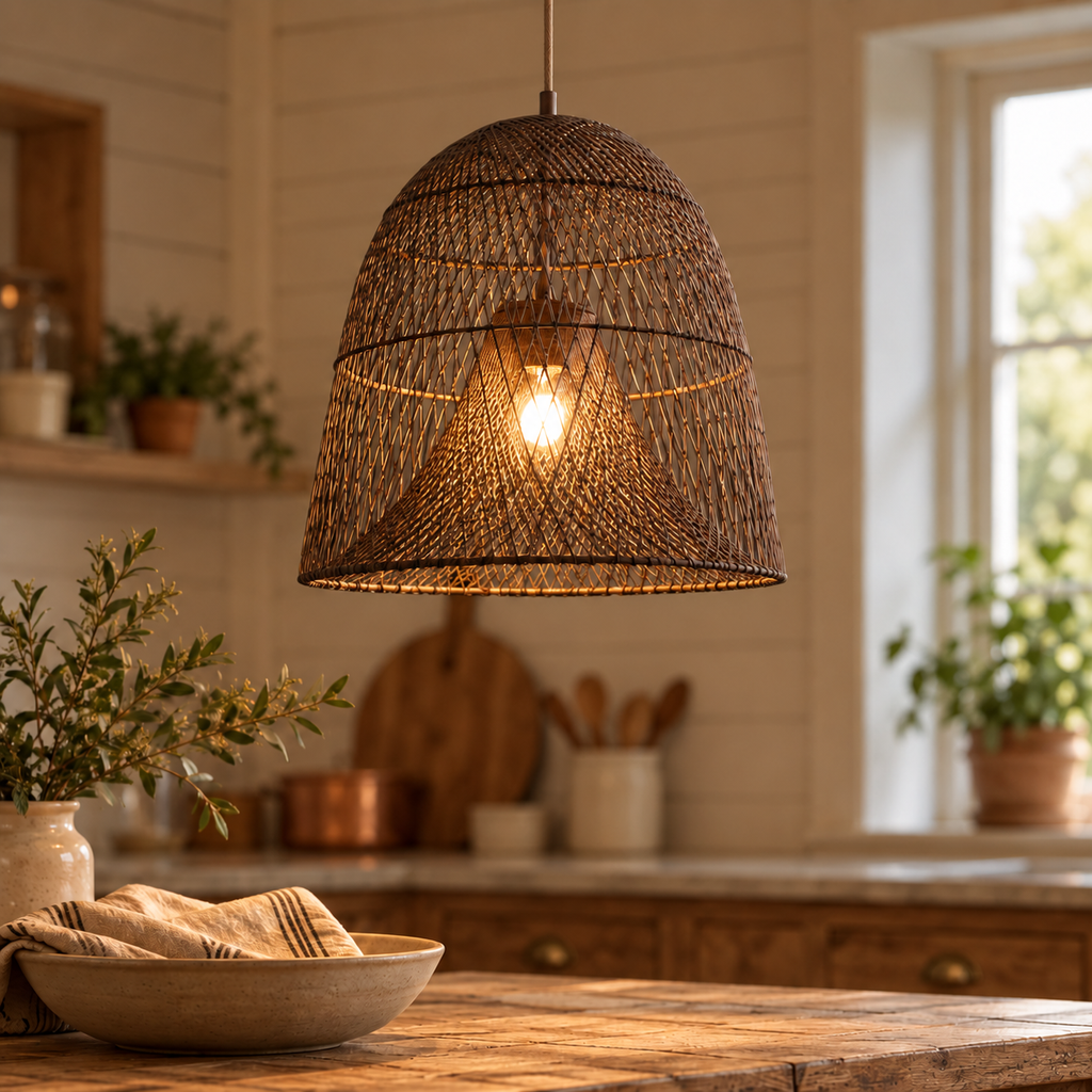 Handwoven Rattan Bell Pendant Light – Wabi-Sabi Style