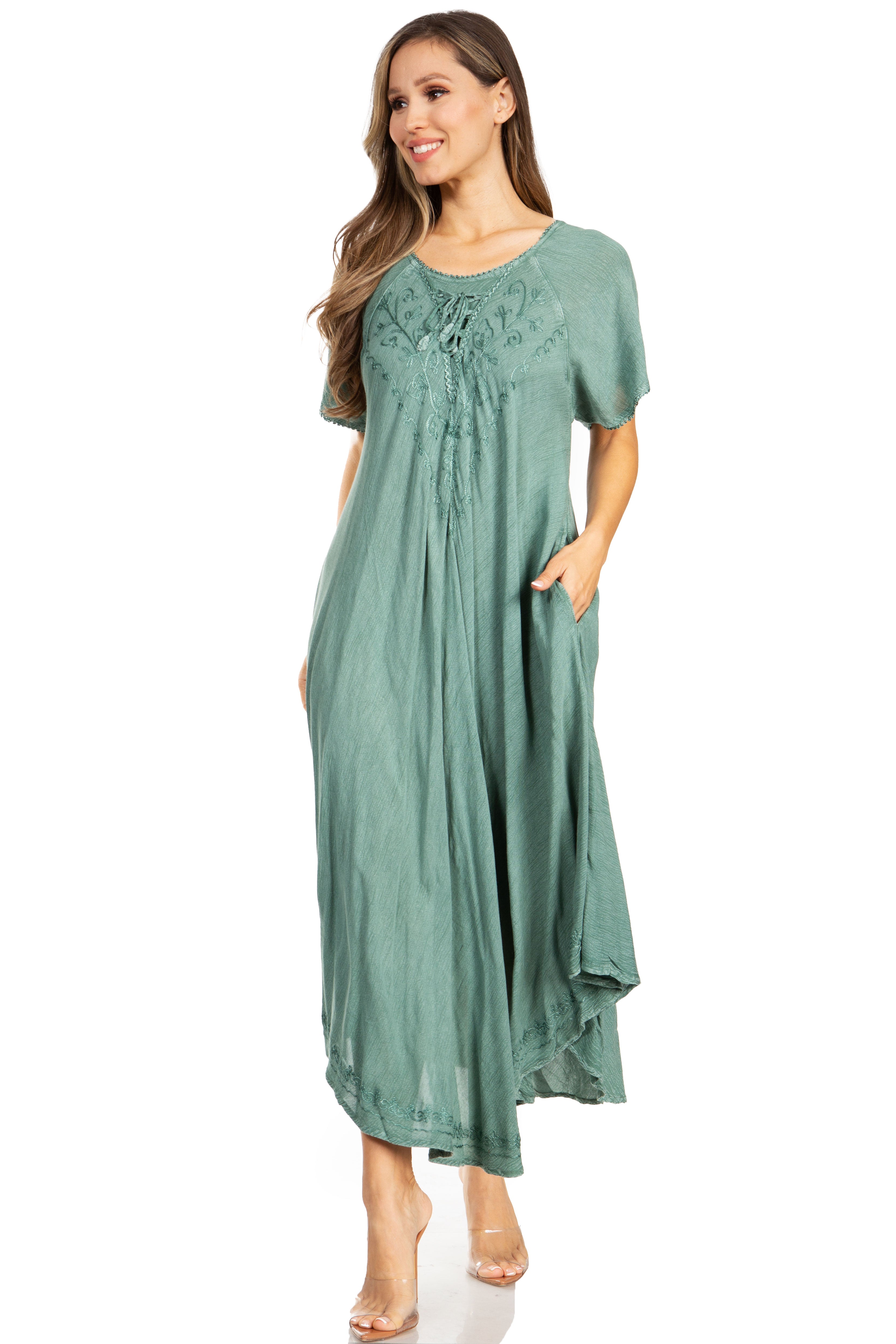 Women’s Embroidered Lace-Up Maxi Dress