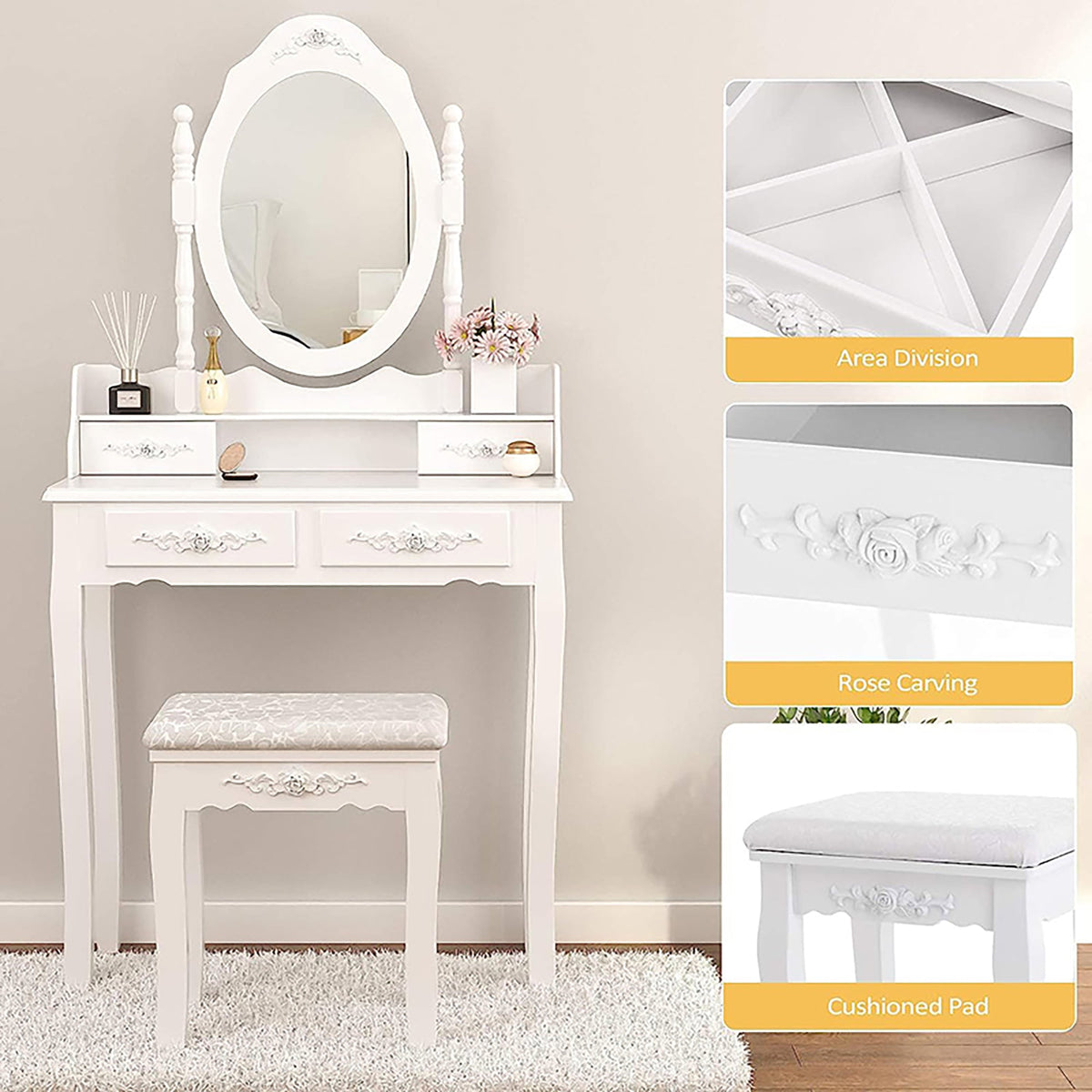 4-Drawer Vanity Dressing Table Set with Oval Mirror & Stool – Jasmine White