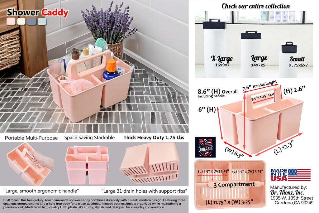3-Compartment Shower Caddy with Handle – Ivory