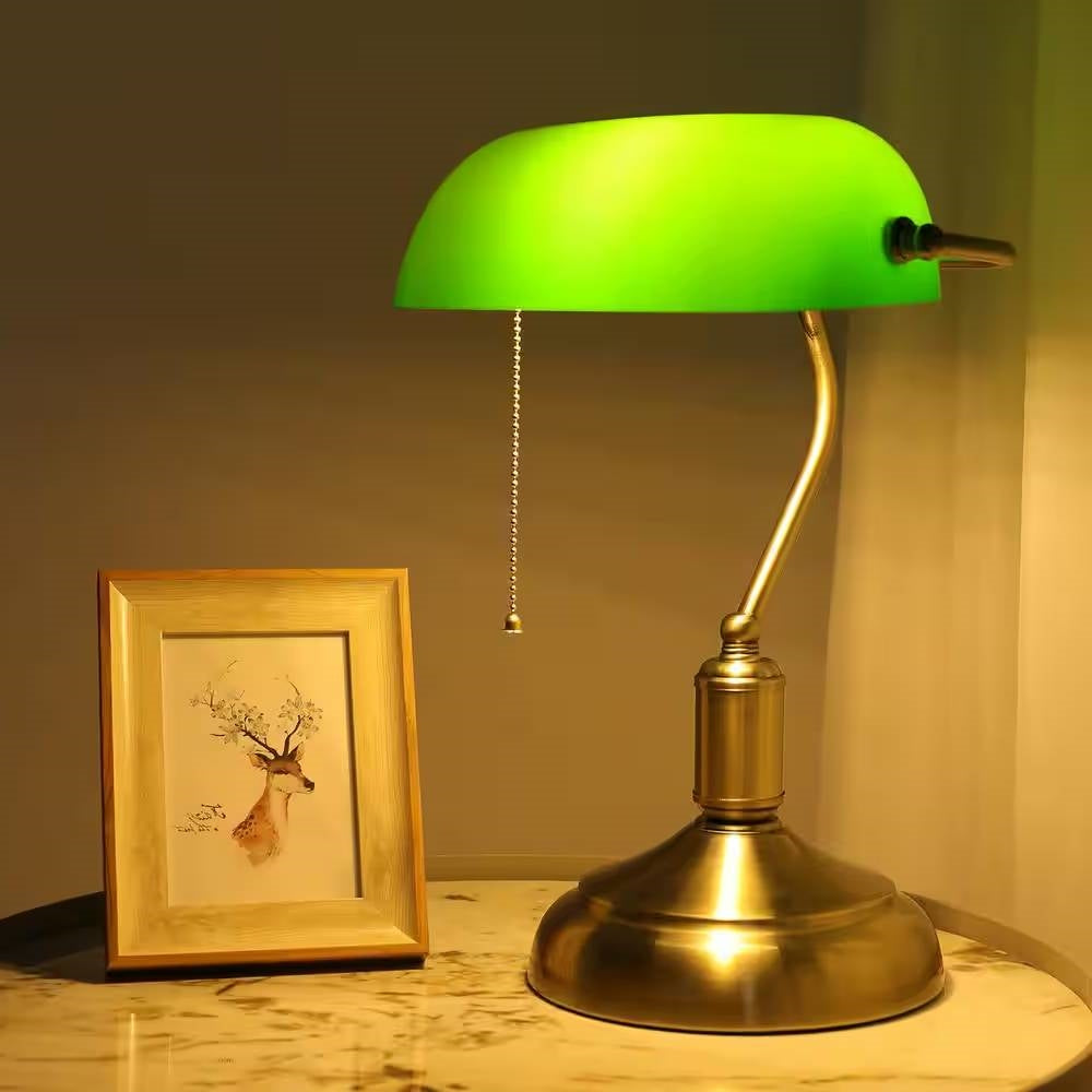 Banker’s Desk Lamp with Green Glass Shade – Antique Brass