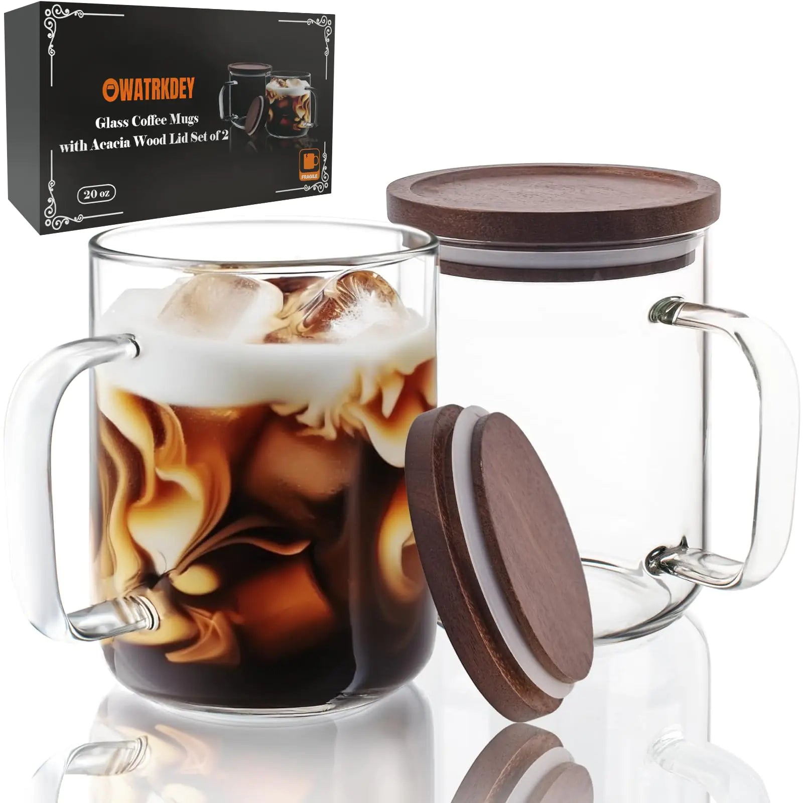 2-Piece Glass Coffee Mug Set with Acacia Wood Lids – Owatrkdey (20 oz)