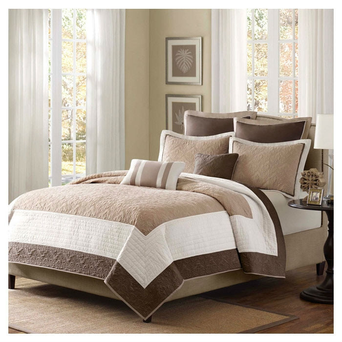 7-Piece Quilted Bedspread Set – Brown, Ivory, Tan & Cream